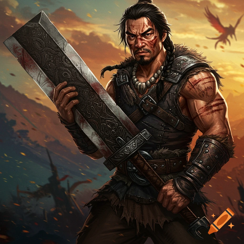 A fierce warrior stands on a battlefield at sunset, holding a large, bloody sword. A bird is in the sky.