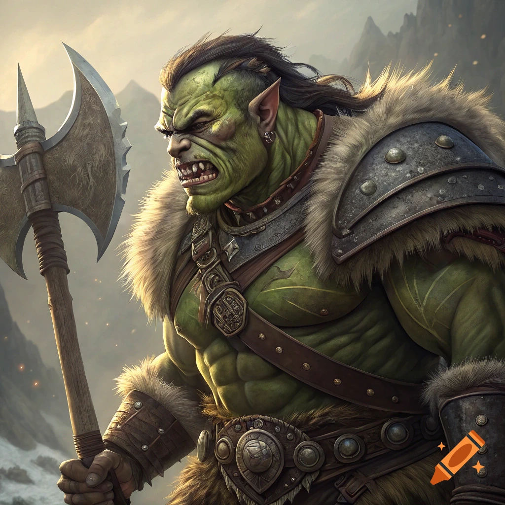 A green-skinned orc warrior with an axe in a mountainous landscape.