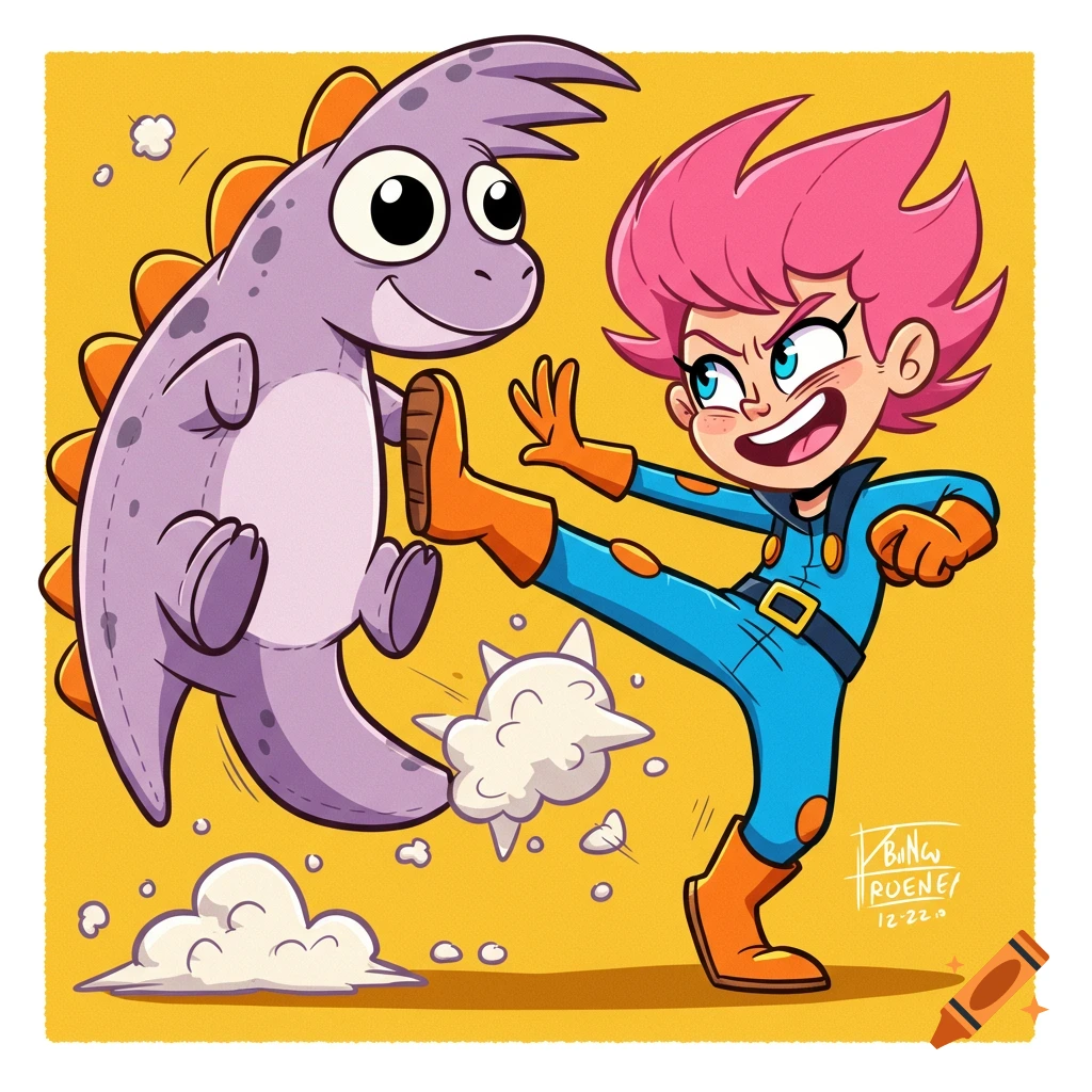 A cartoon girl with pink hair kicks a purple dinosaur plushie in a digital illustration.