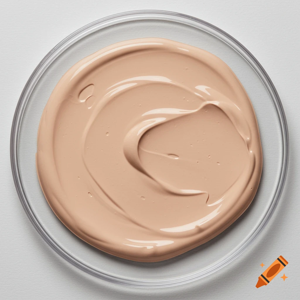 Close-up of beige makeup cream swirled in a clear petri dish.