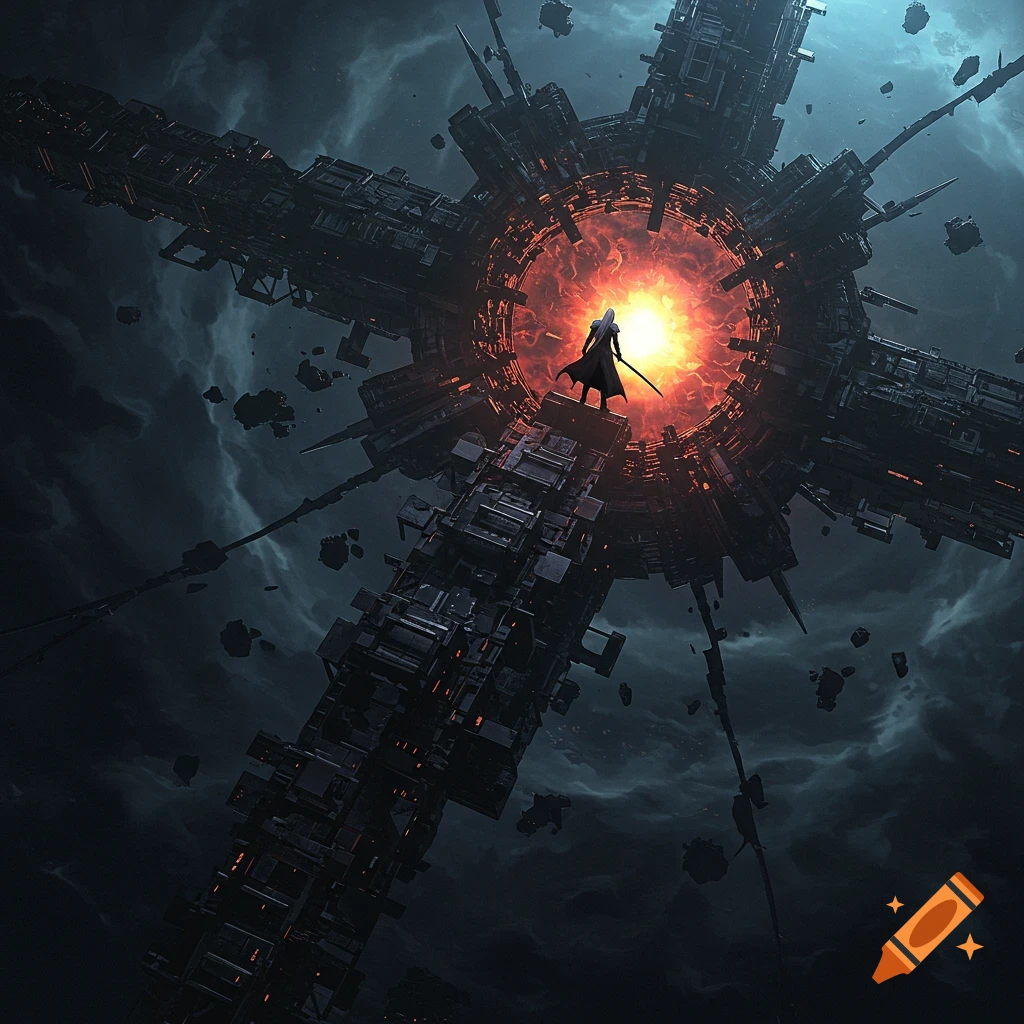A figure with long silver hair and a black coat stands on a large mechanical cross structure in a dark sky, facing a glowing core.