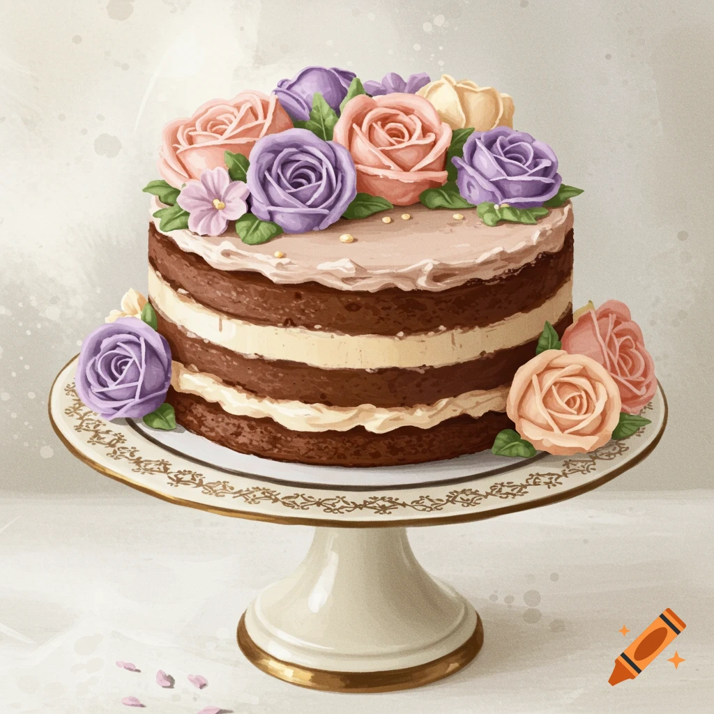An elegant layer cake decorated with pastel flowers on a cake stand.