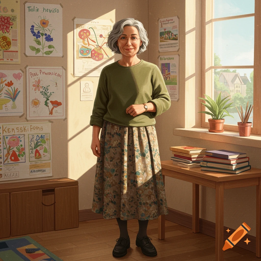 A middle-aged teacher with grey hair stands in a classroom adorned with posters and books.