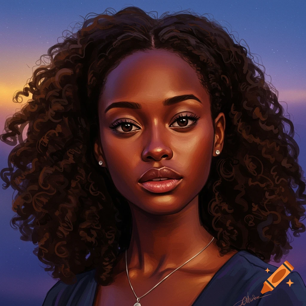 A black woman with dark curly hair is silhouetted against a sunset sky.