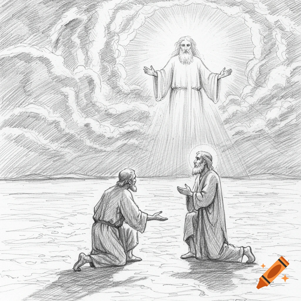 A black and white sketch of two men kneeling before a figure bathed in light and clouds.