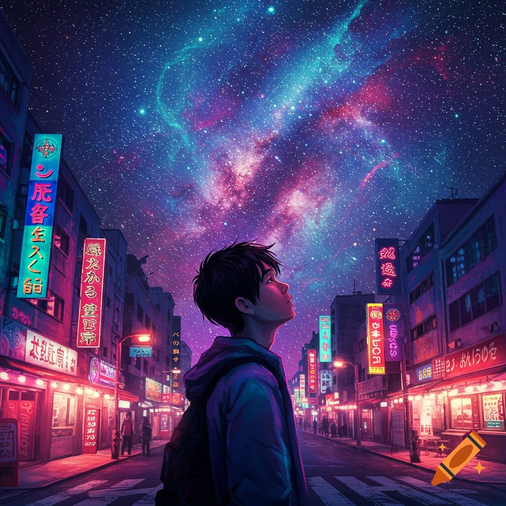 A young person looks up at a vibrant starry sky over a neon-lit city street.