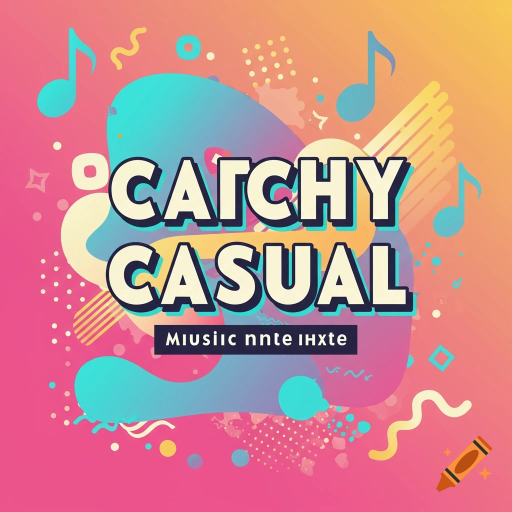 Abstract music cover graphic with text 'Catchy Casual', musical notes, and shapes.