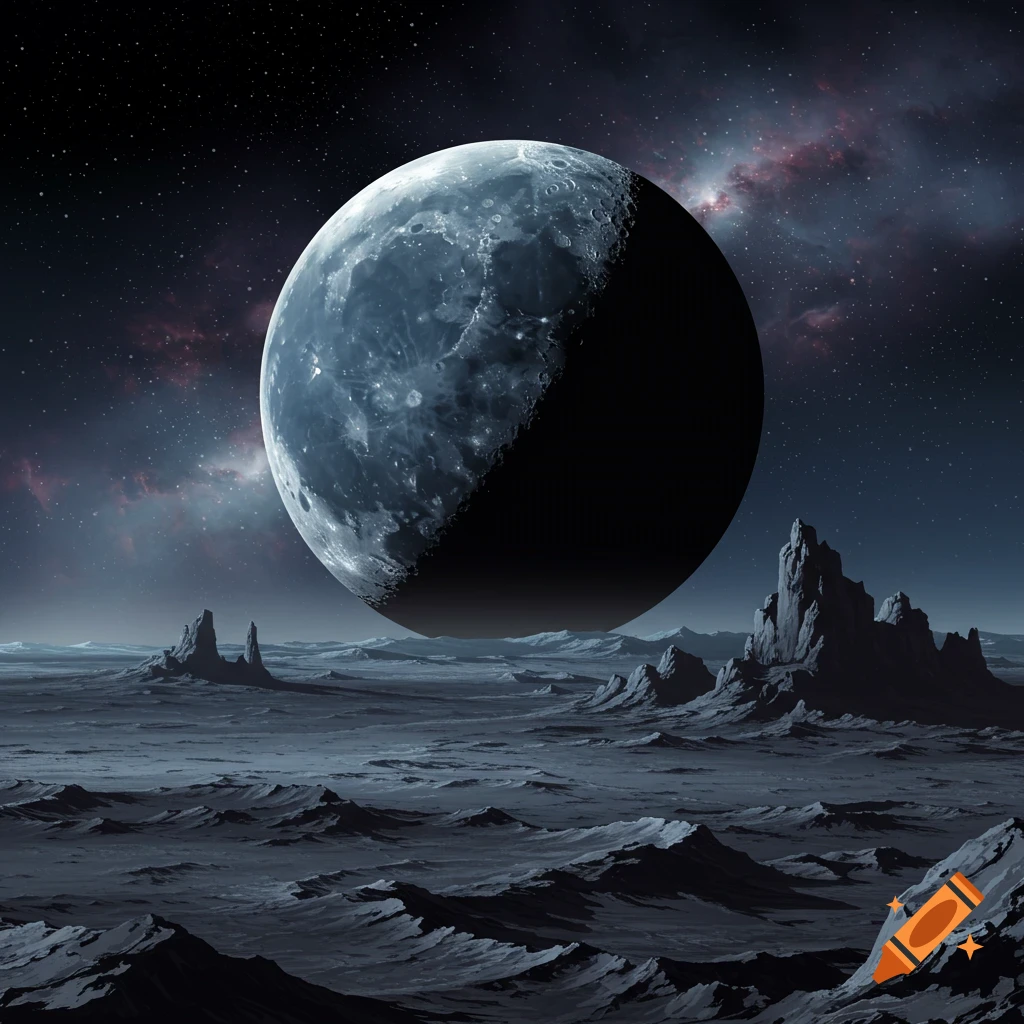 A large crescent moon hangs over a dark, rocky alien landscape. Stars and nebulosity fill the sky.