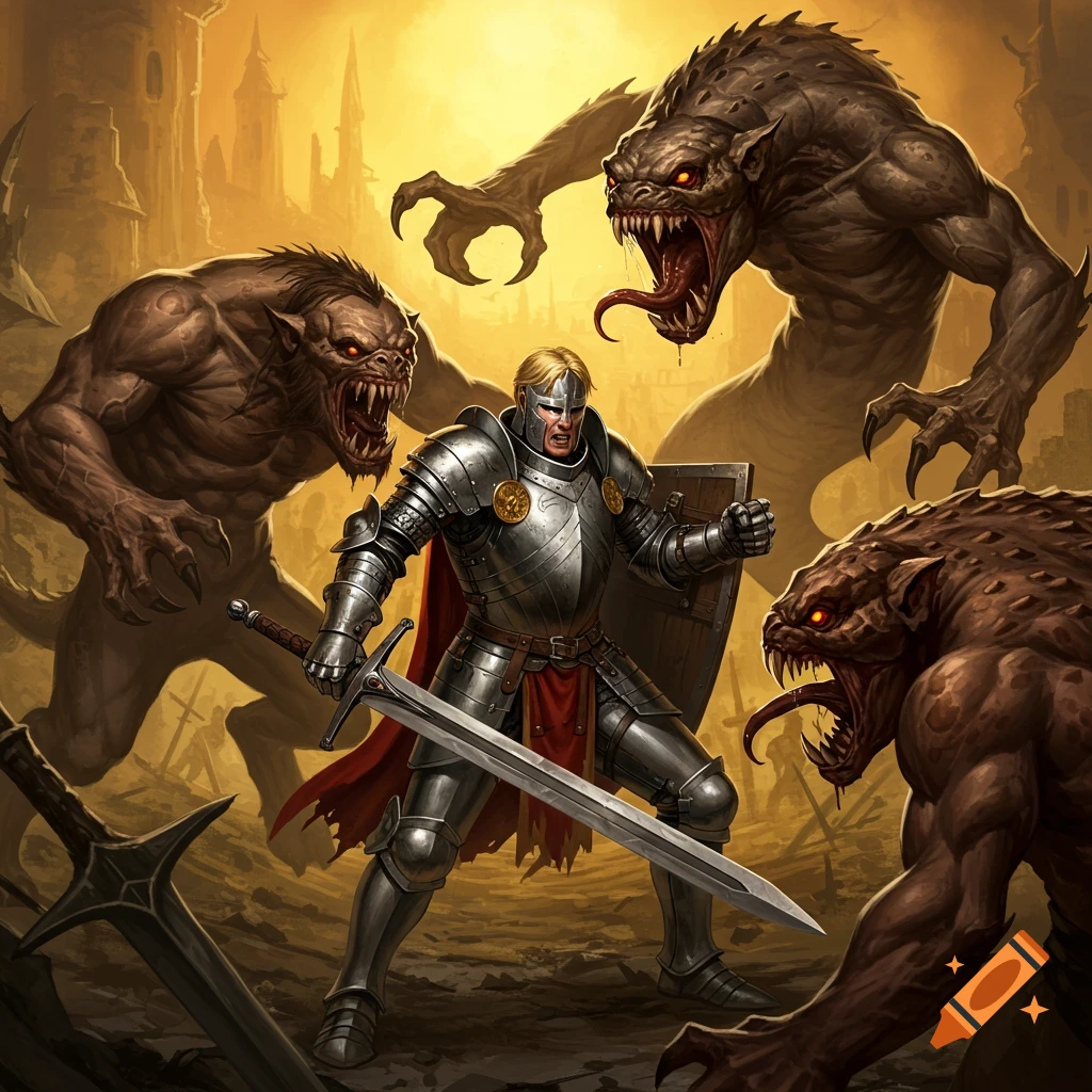 A knight fights multiple grotesque monsters in a ruined city.