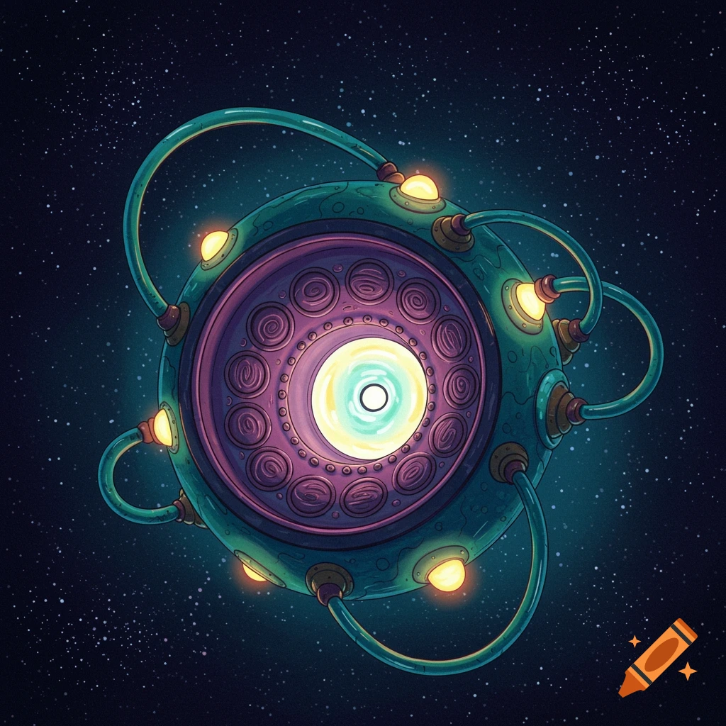 A vibrant, bio-mechanical centrifuge floats in dark space against a starry background.