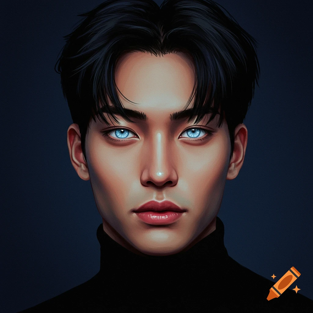 Portrait of a man with ice blue eyes and black hair.