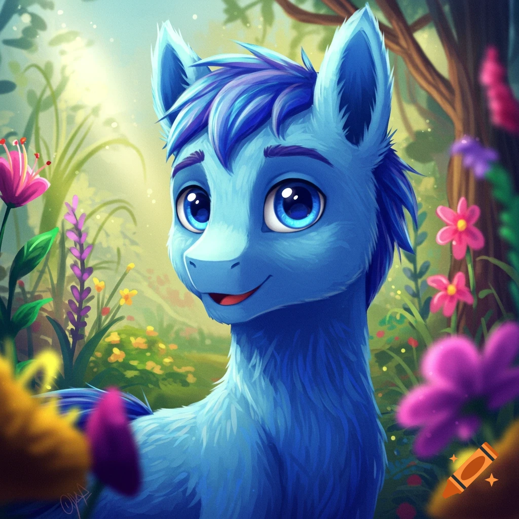A blue cartoon pony with bright blue eyes smiles in a sunny forest clearing surrounded by colorful flowers.