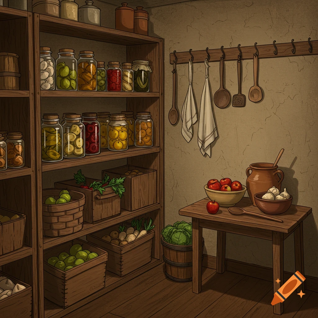 A rustic pantry shelf filled with jars of preserved food, baskets of vegetables, and kitchen tools hanging on the wall.