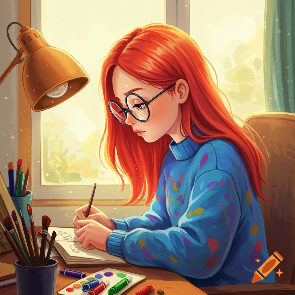 A red-haired girl wearing glasses is drawing in a sketchbook. She is surrounded by art supplies in a sunlit room.