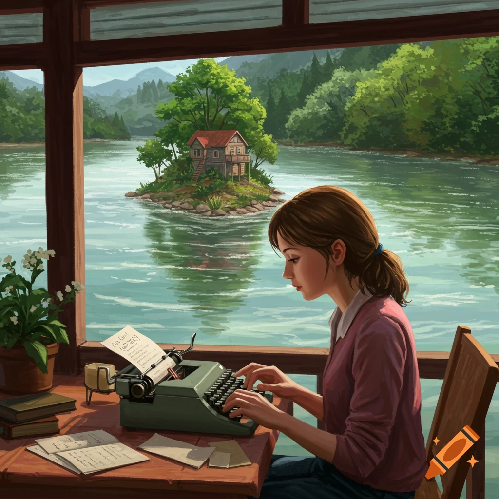 A woman typing on a vintage typewriter on a porch overlooking a river with a house on an island.