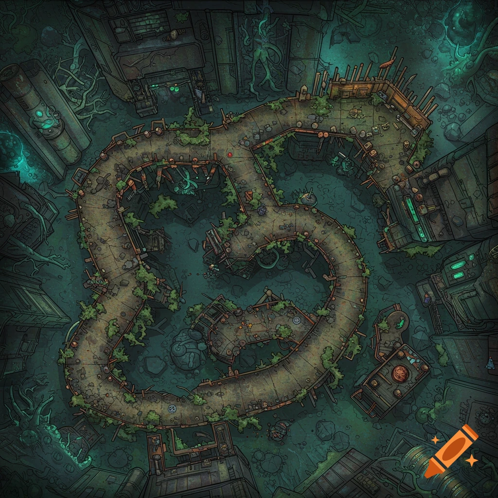Top-down view of a ruined sci-fi battle map.