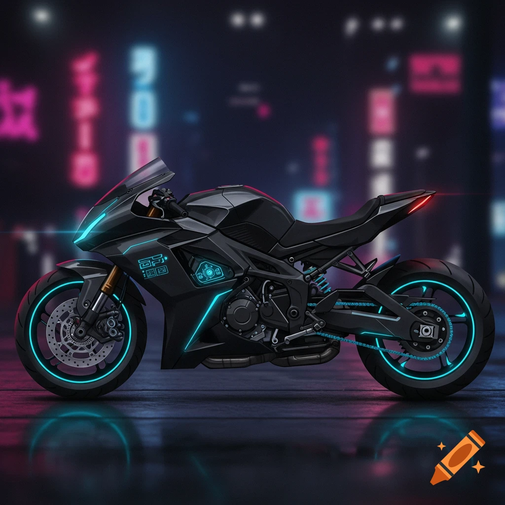 A black futuristic motorcycle with blue neon lights in a cyber city.