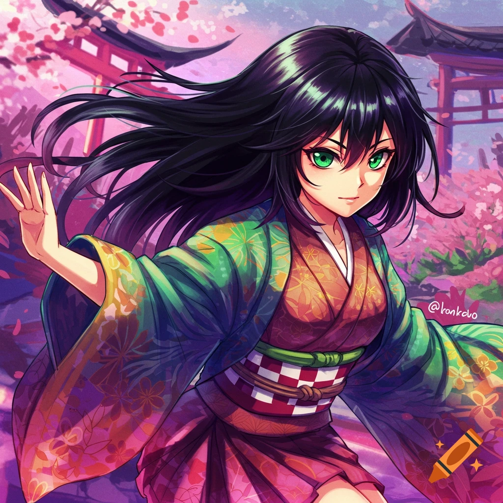 Anime woman in a kimono against a background of cherry blossoms and traditional Japanese gates.
