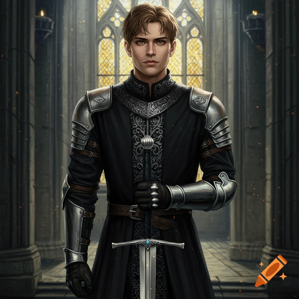 A young man in black and silver armor is holding a sword in a castle hall.