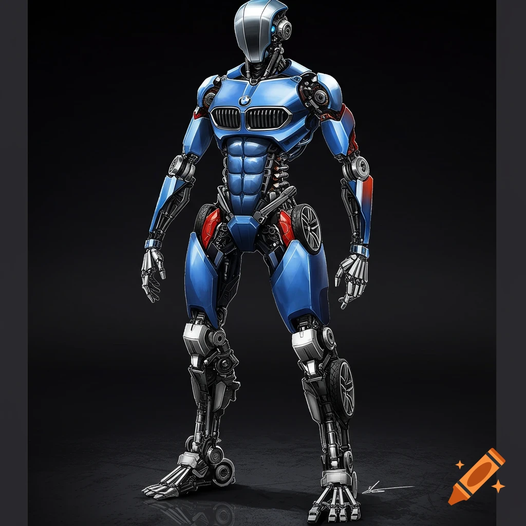 A blue and silver robot figure made from car parts, resembling a BMW, stands on a dark background.