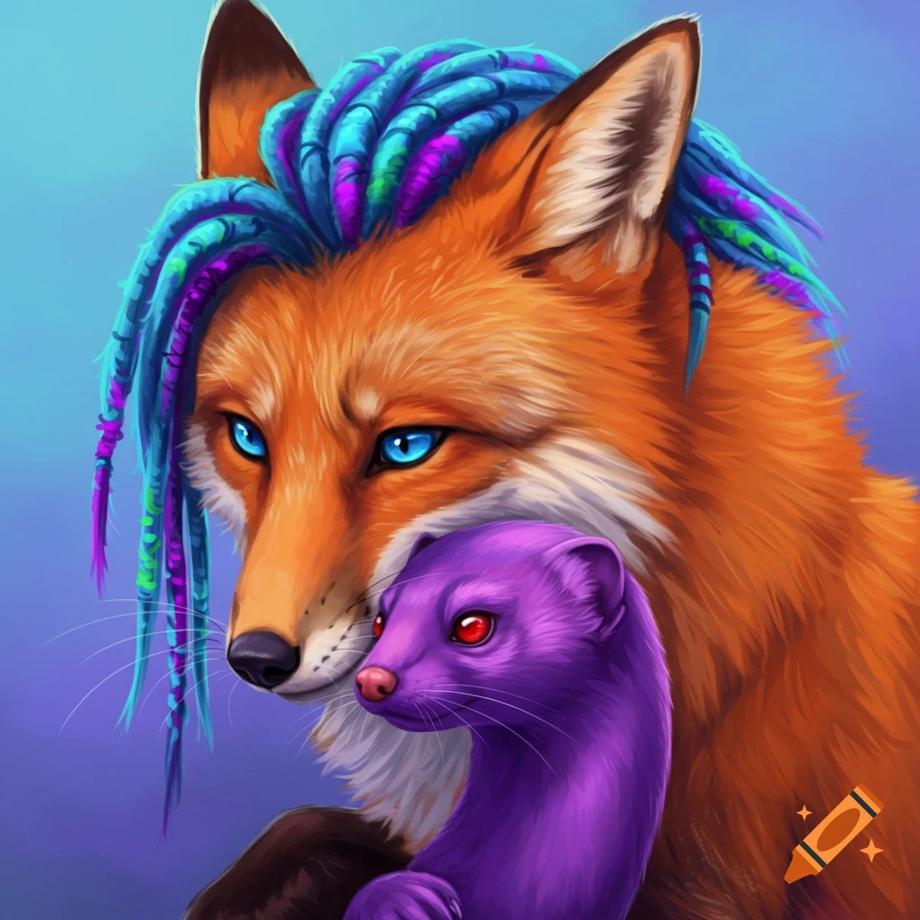 A fox with blue eyes and colored dreadlocks snuggling a purple weasel with red eyes