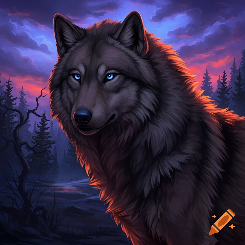 Wolf with striking blue eyes against a sunset forest background