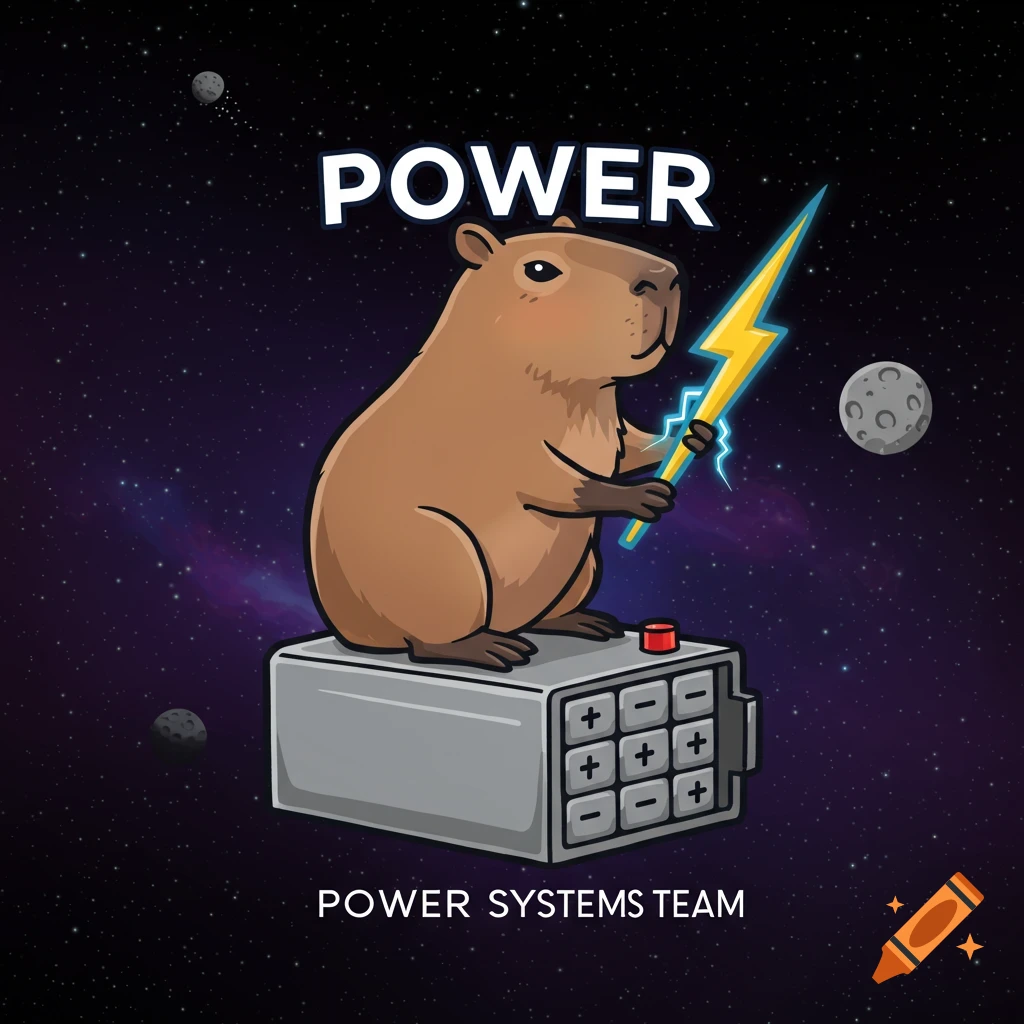 Cartoon capybara in space holding a lightning bolt, sitting on a battery, with text 'POWER' and 'POWER SYSTEMS TEAM'.