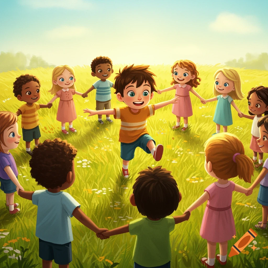 A diverse group of children hold hands in a circle in a sunny grassy field, in a whimsical style.