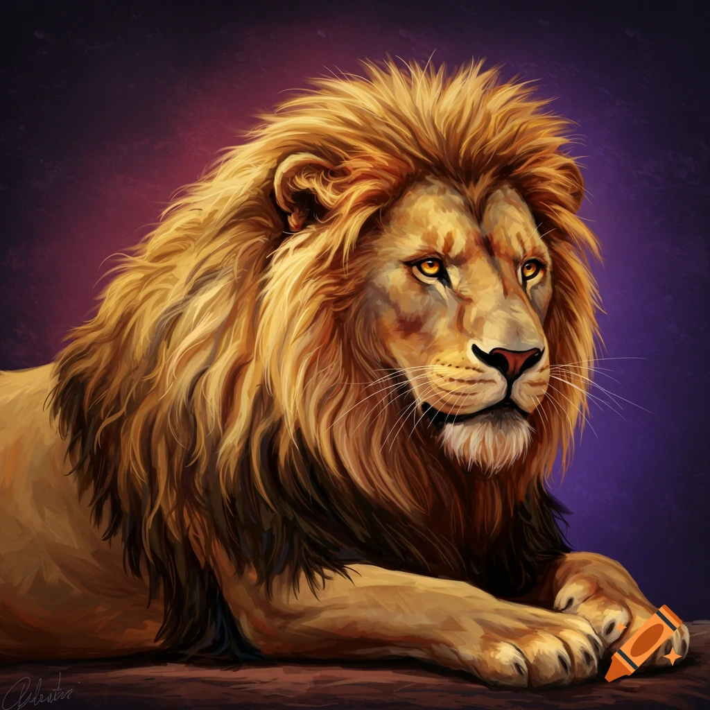 A lion laying down against a purple background.