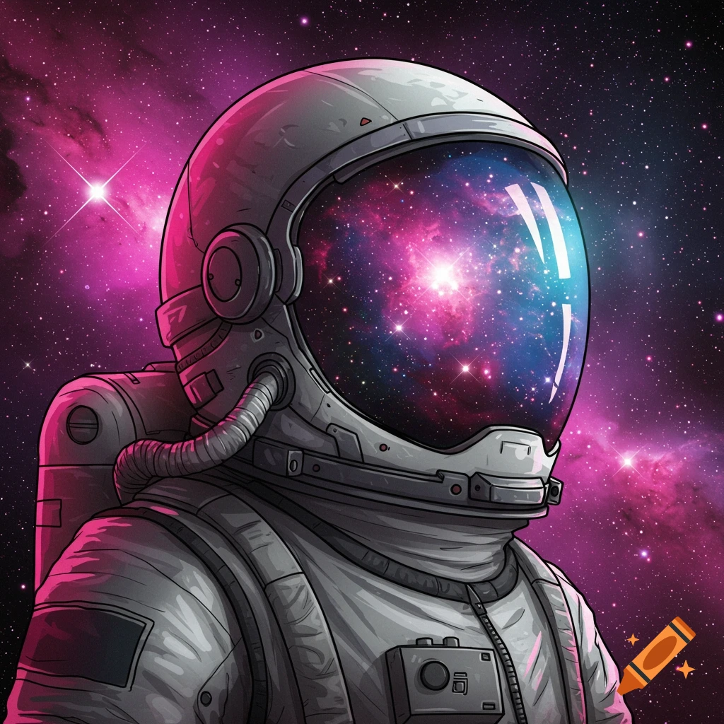 An astronaut in a space suit with a vibrant nebula and stars reflected in the helmet's visor.