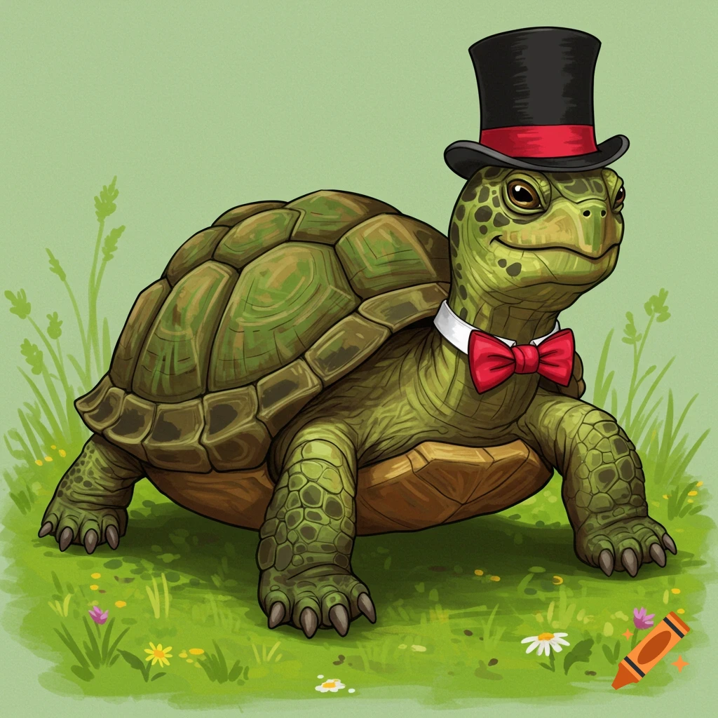 A turtle wearing a top hat and bow tie, standing in grass.