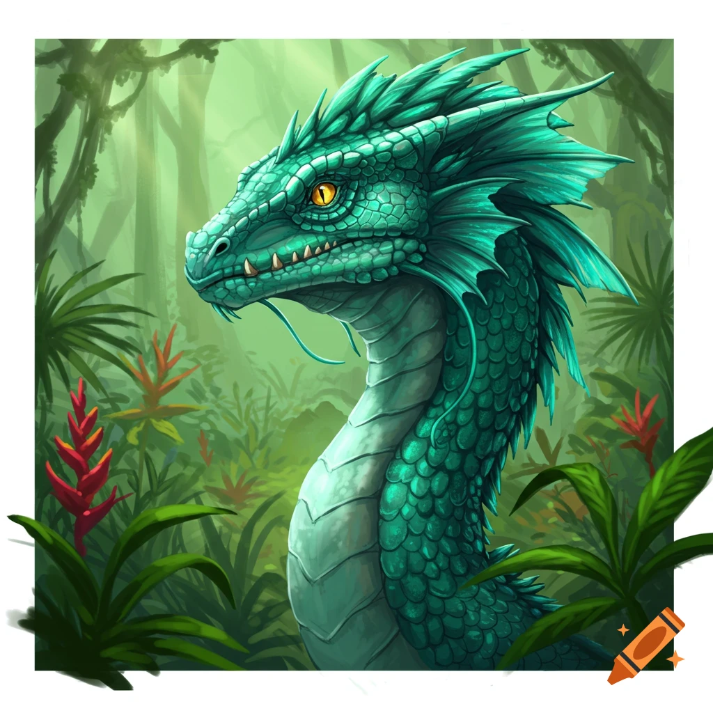 Close-up of a green fantasy dragon head and neck in a lush jungle setting.