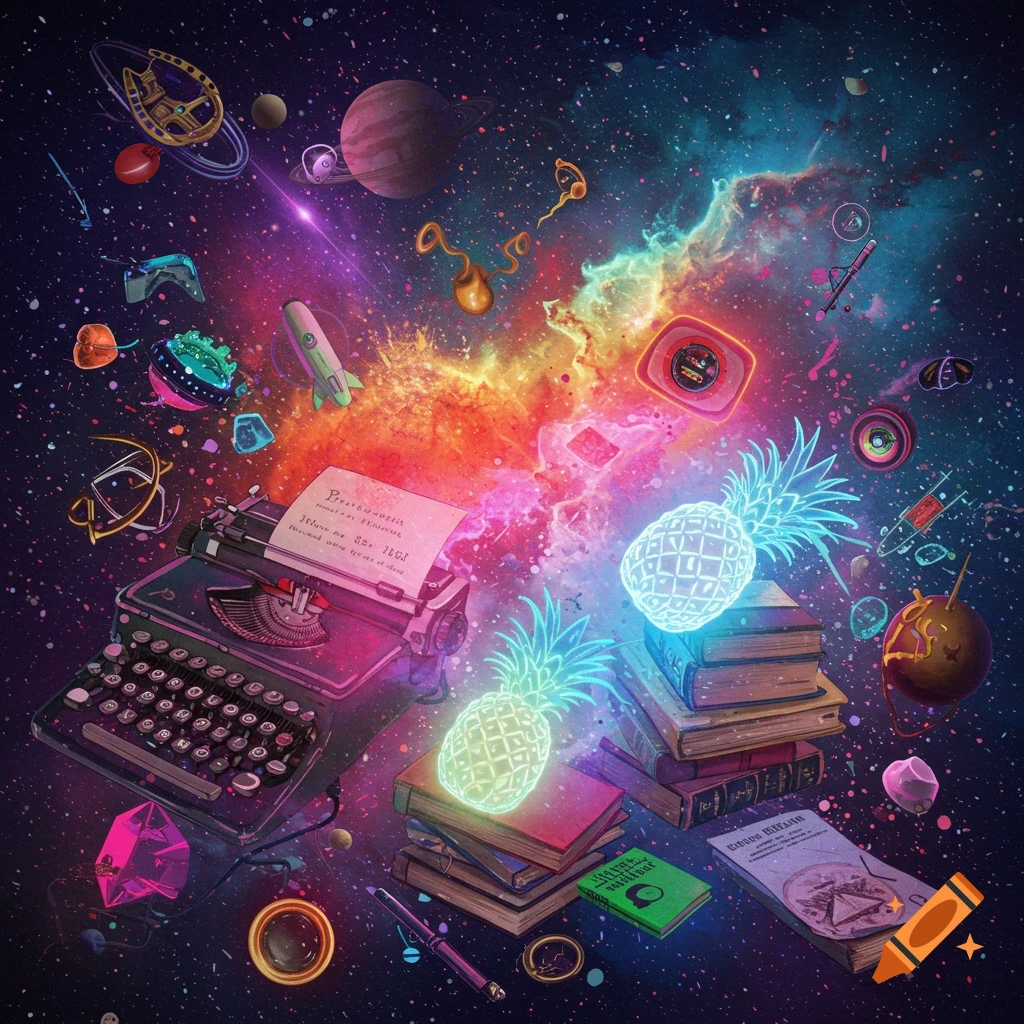 Objects like a typewriter, books, and pineapples floating in a colorful cosmic space.