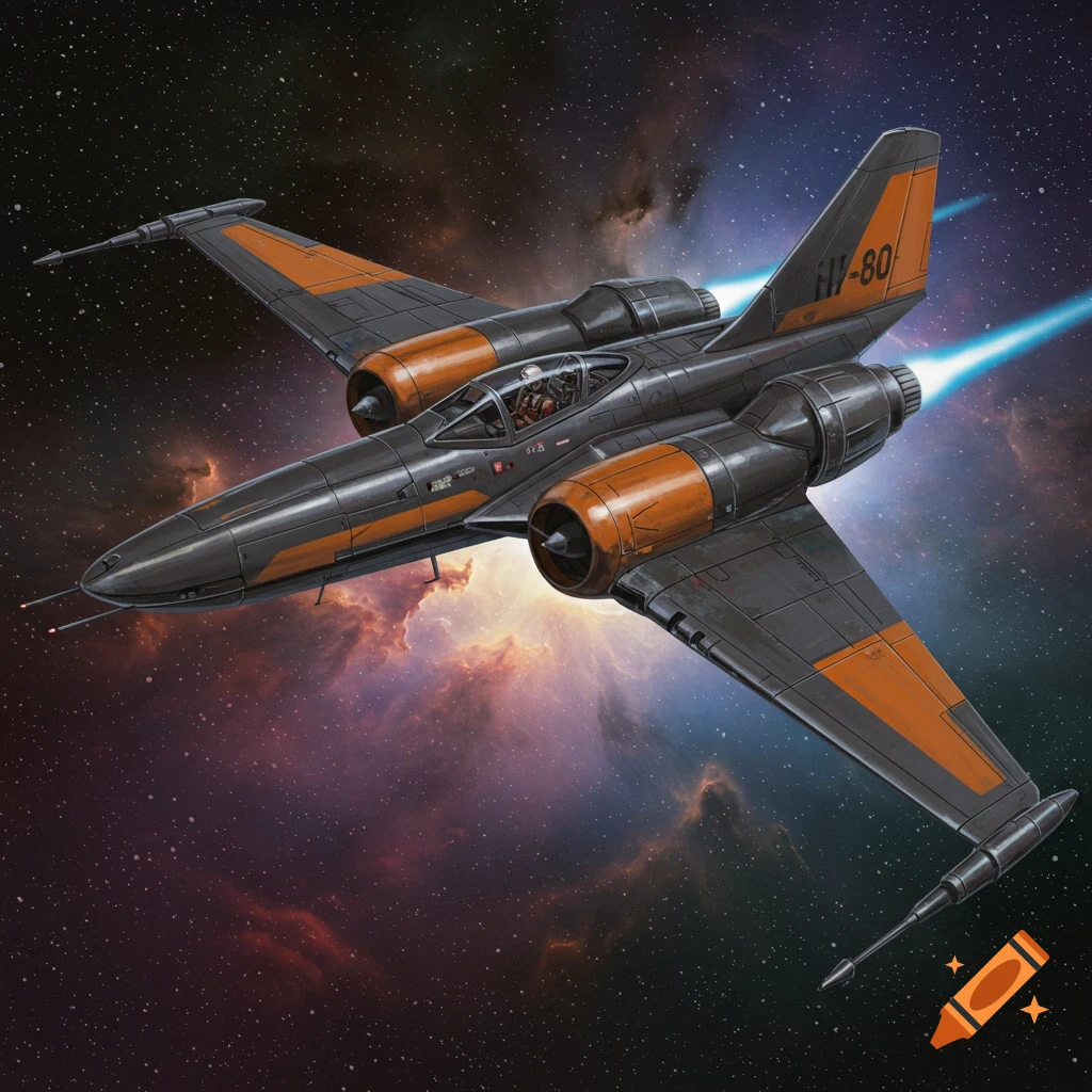 A dark grey and orange spaceship flies through a starry nebula.