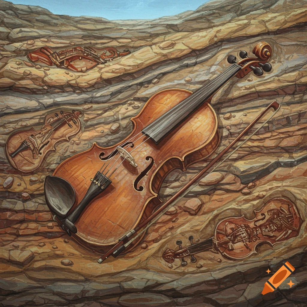 Several violins are partially fossilized in layers of rock.
