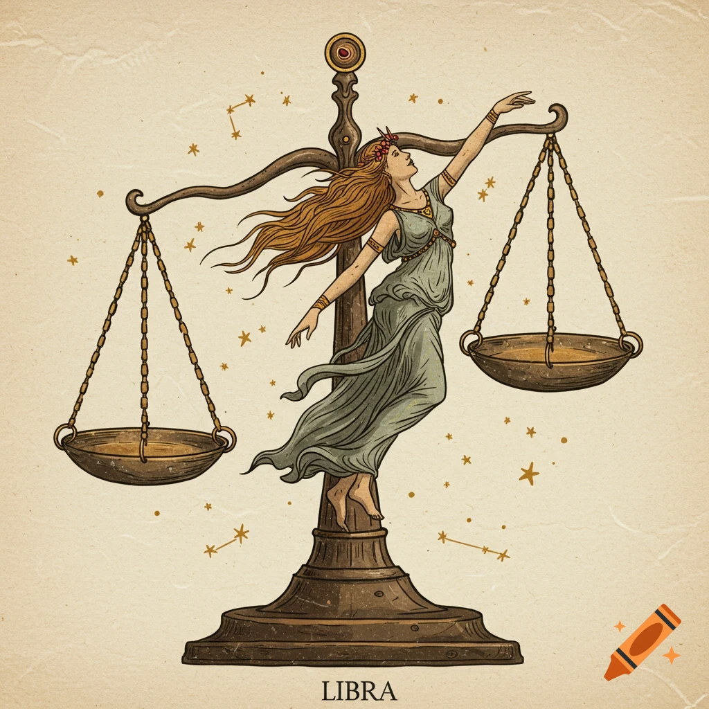 Illustration of the Libra zodiac sign with a woman balancing on scales and stars.