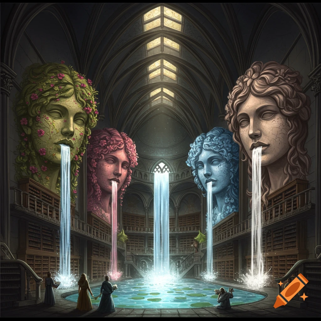 A fantasy library with giant statues of women dispensing water into a pool.