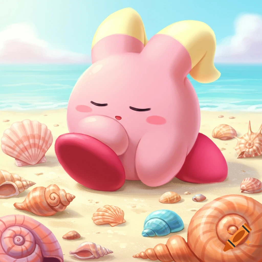 Elfilin from Kirby sleeping on a beach surrounded by seashells.