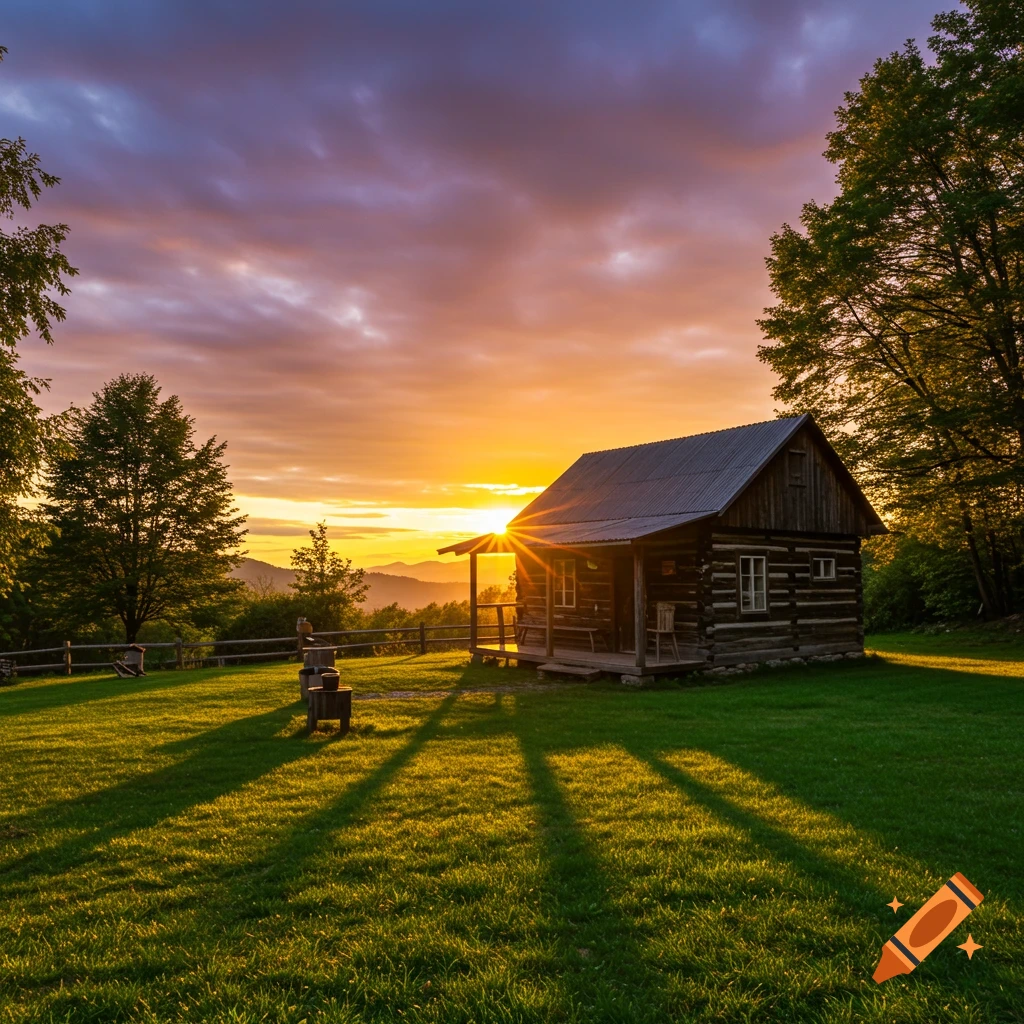A wooden cabin stands in a grassy field with the sun setting behind it, casting long shadows.