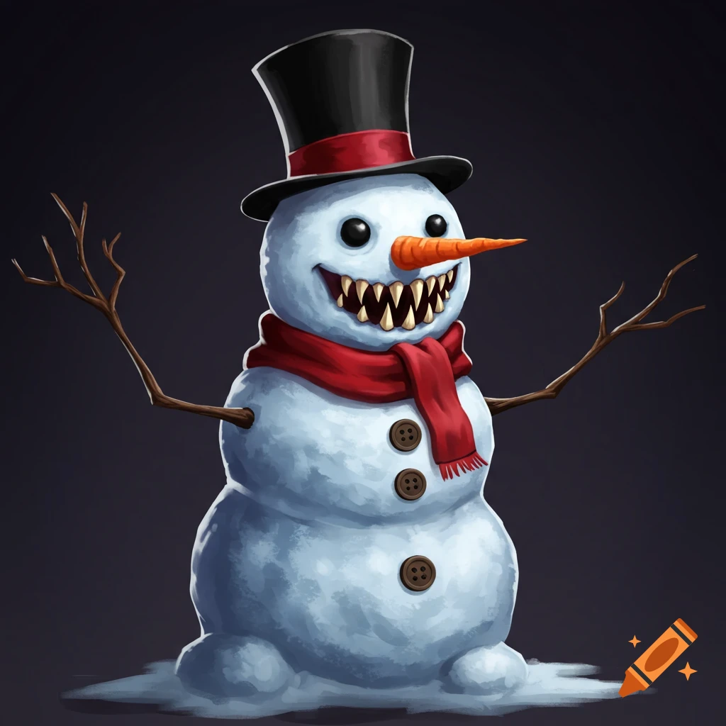 A creepy snowman with sharp teeth, a carrot nose, a top hat, a red scarf, and twig arms.