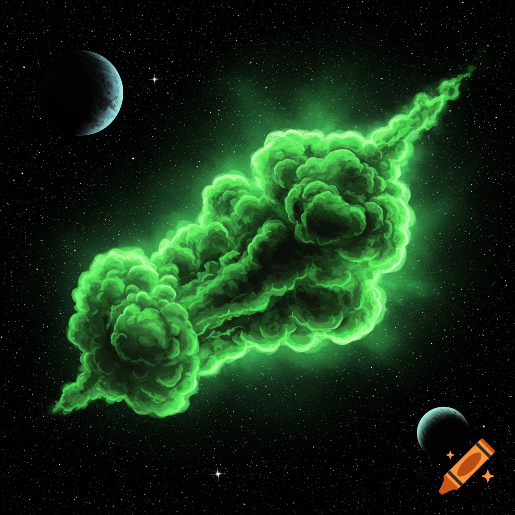 A bright green gas cloud floating in space with planets and stars.