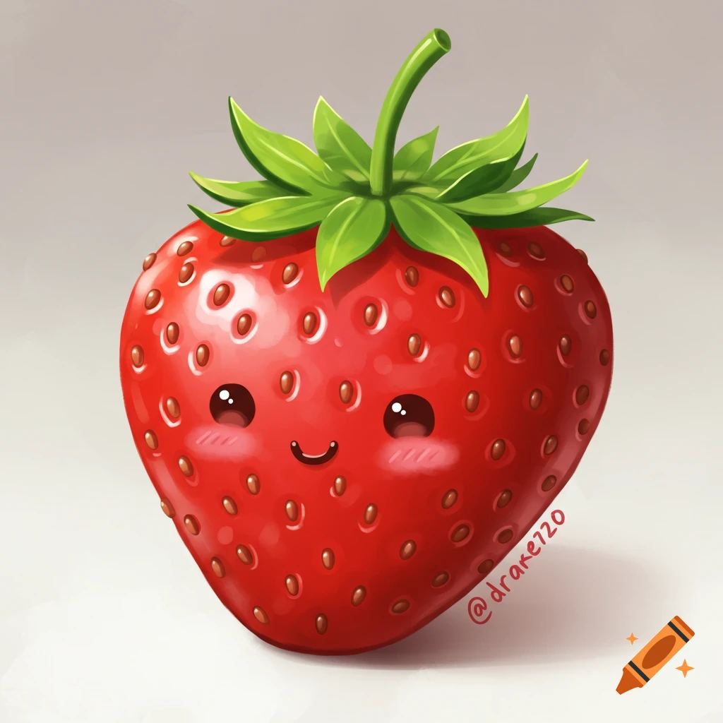 A cute red strawberry with a smiling face, large eyes, and blush marks.