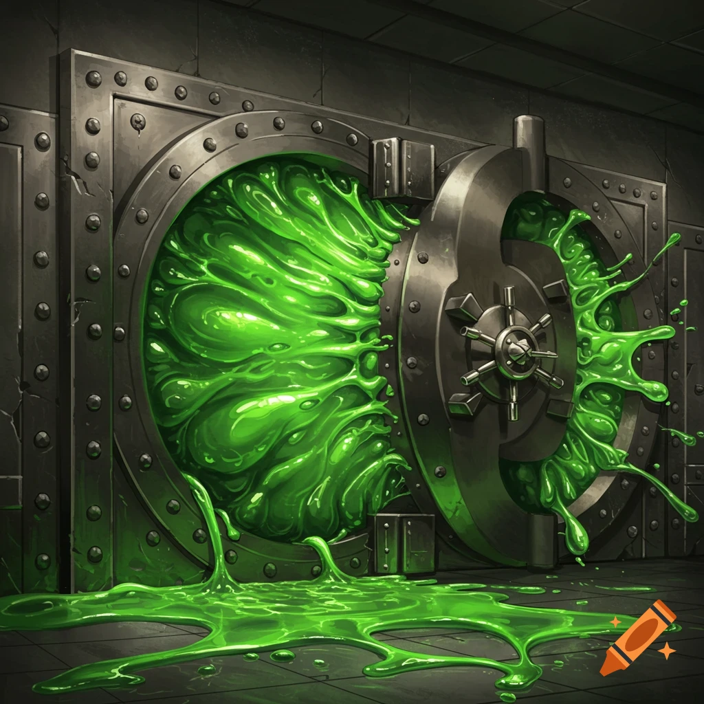 Green slime bursts from a large steel vault door and pools on the floor.