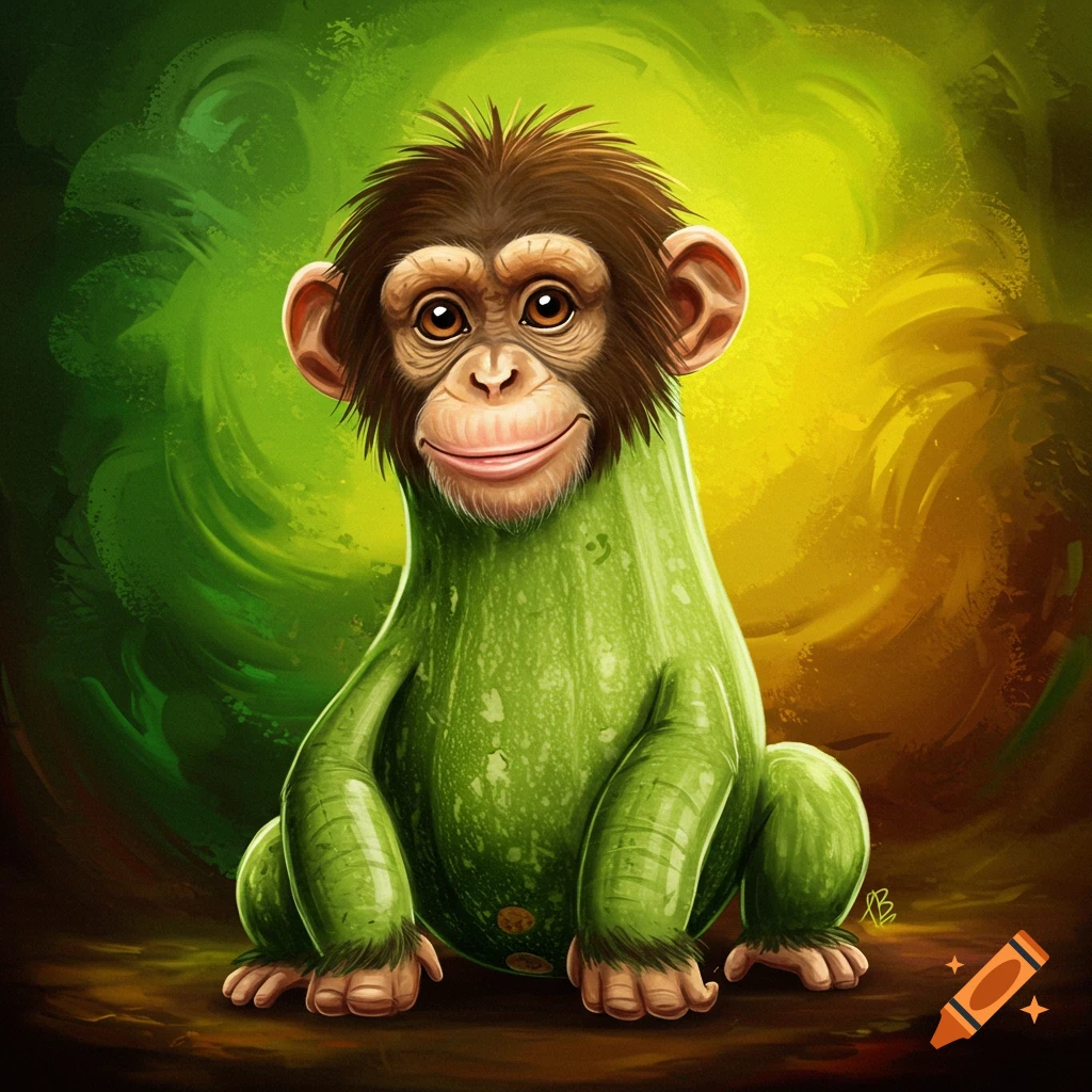 A smiling creature that is half chimpanzee and half zucchini
