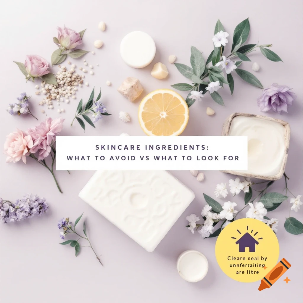 Flat lay of skincare ingredients, products, flowers, and lemon slice on a light background with a text overlay banner.