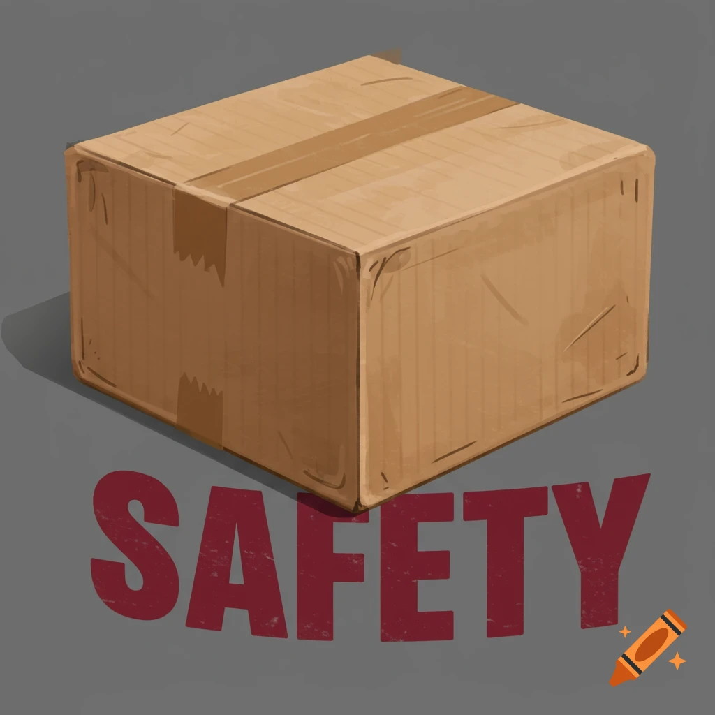 A brown cardboard box is situated above the red word SAFETY