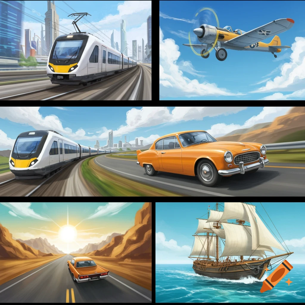 Collage of trains, plane, cars, and a ship.