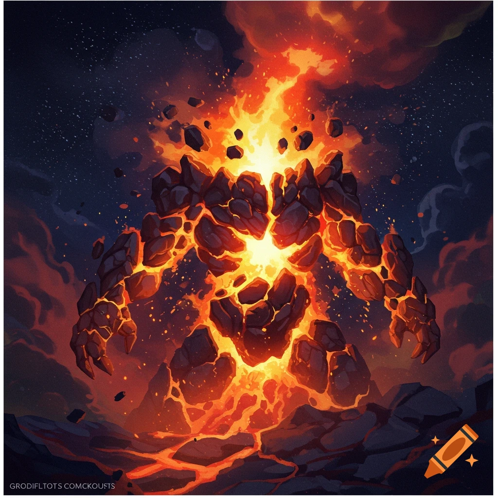 A large elemental creature made of glowing lava and rocks, standing amidst smoke and debris under a starry sky.