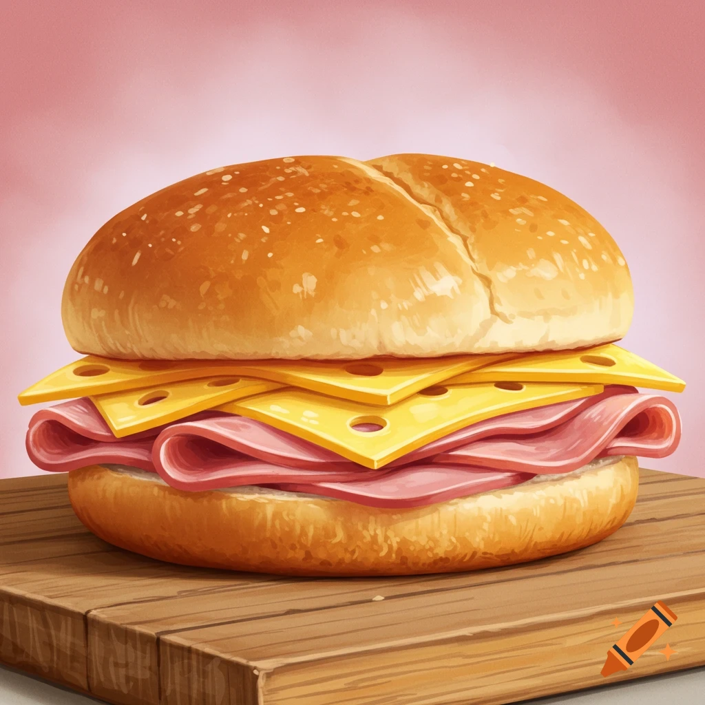 A ham and cheese sandwich on a wooden surface.