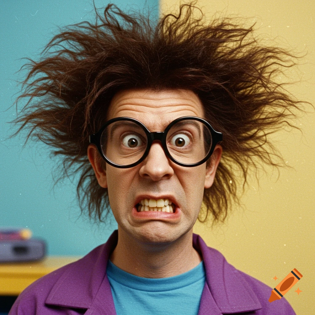A man with wild brown hair, thick black glasses, and a purple jacket makes a strained, wide-eyed face, showing his teeth.